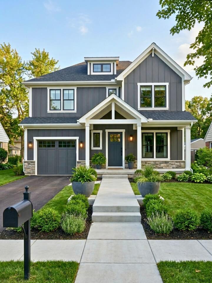 charcoal board and batten with crisp white trim