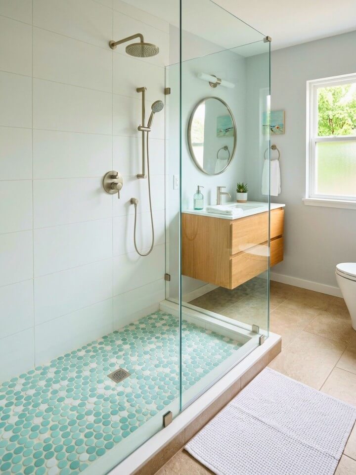 circular “dot” mosaic shower floor for fun texture