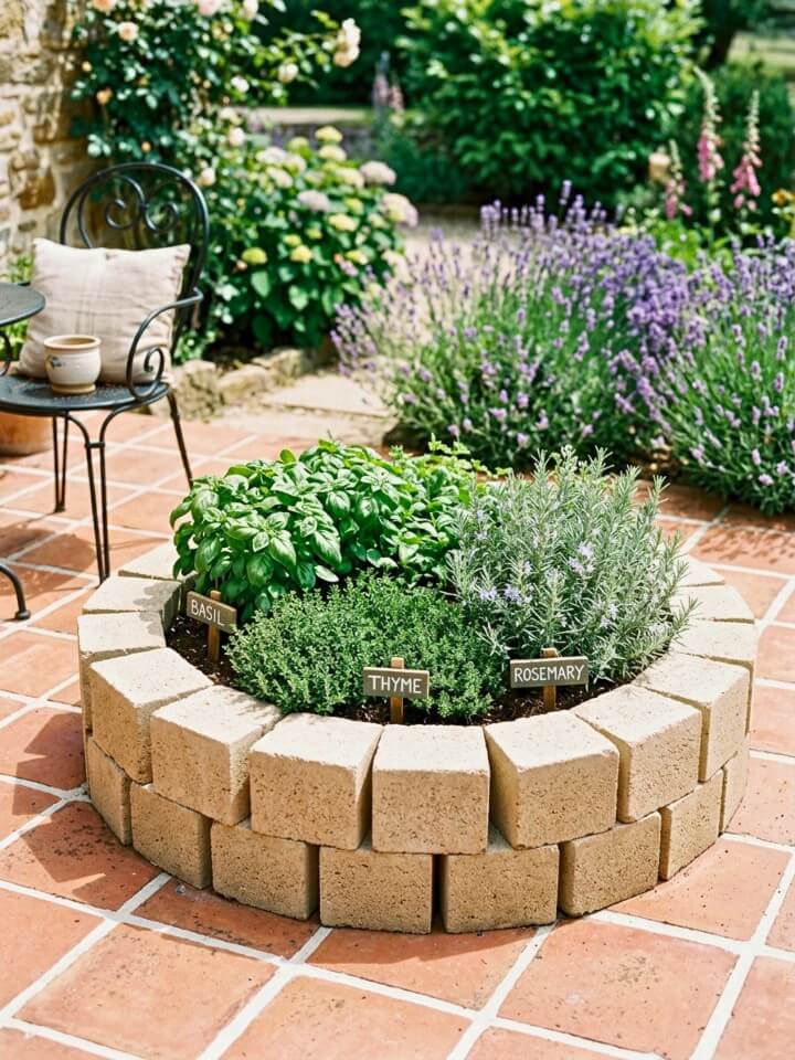 circular herb garden bed made with cinder blocks