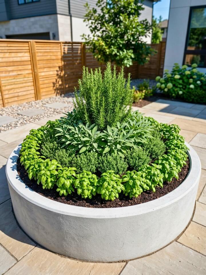 circular raised bed herb garden with center feature