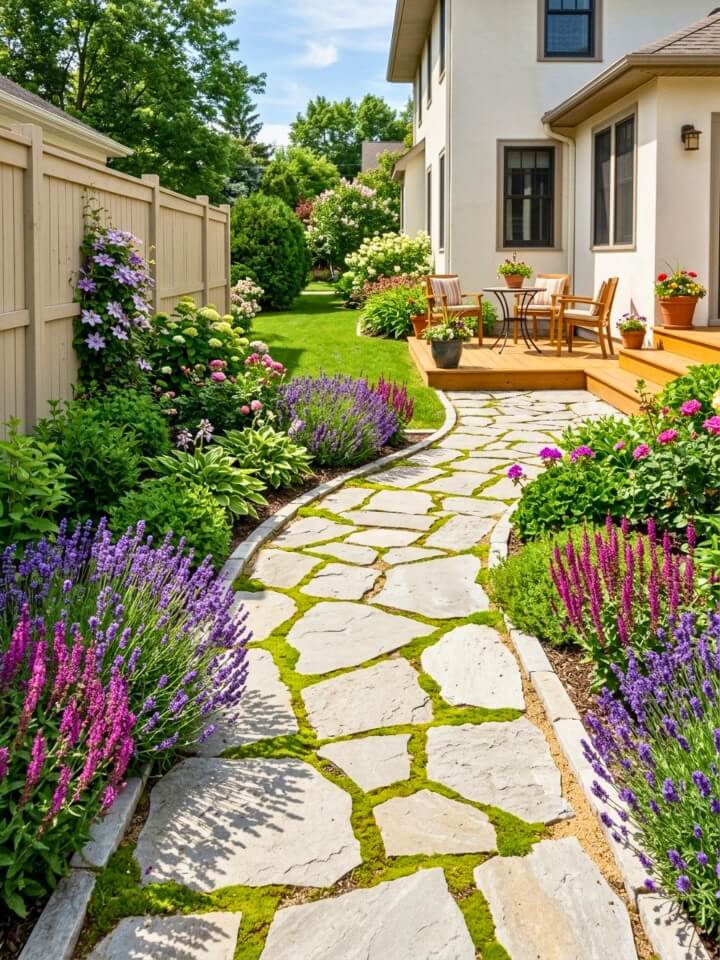 classic flagstone rock walkway in backyard garden