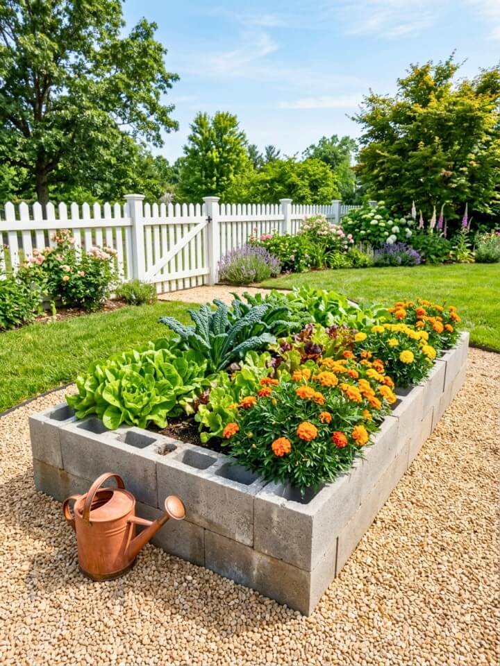 classic rectangular cinder block garden bed for a neat backyard