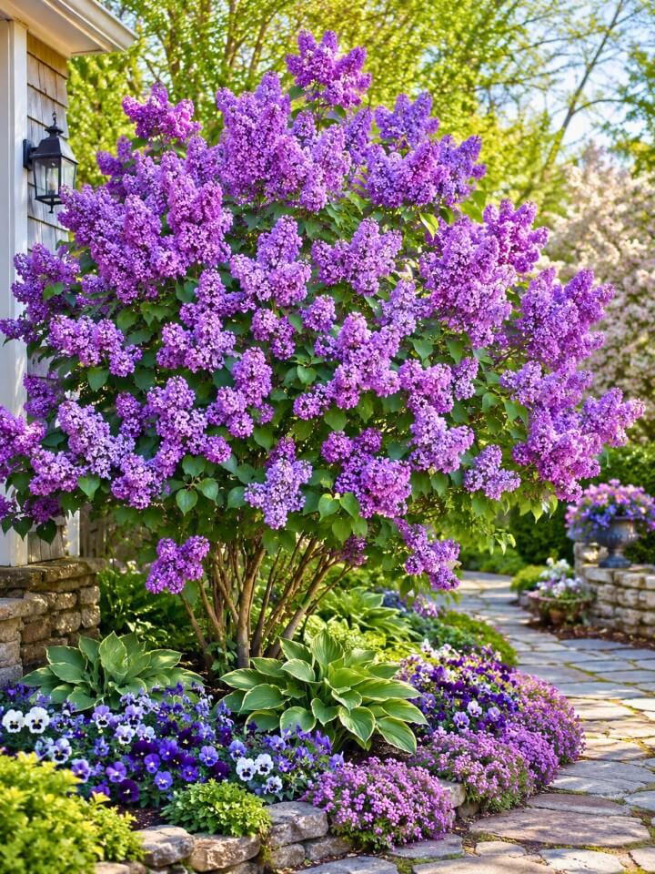 classic stone pathway with fragrant purple blooms