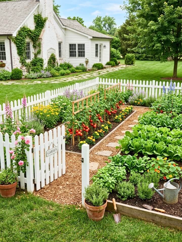 classic white picket fenced vegetable garden
