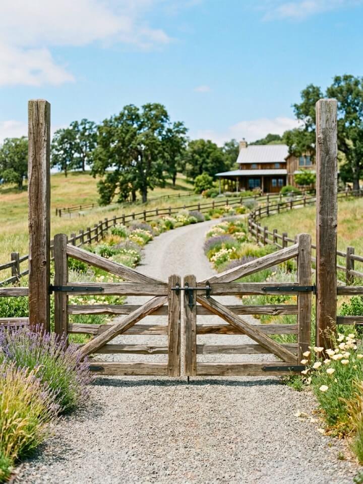 classic wooden split rail ranch gate for country driveway
