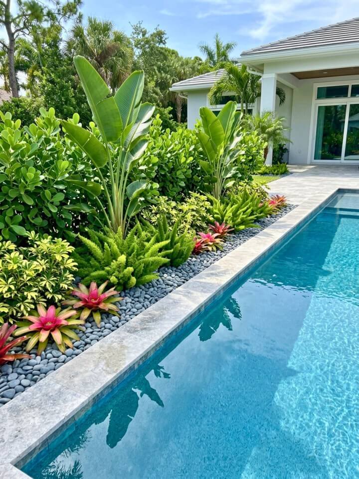 clean florida poolside landscape with easy care plants