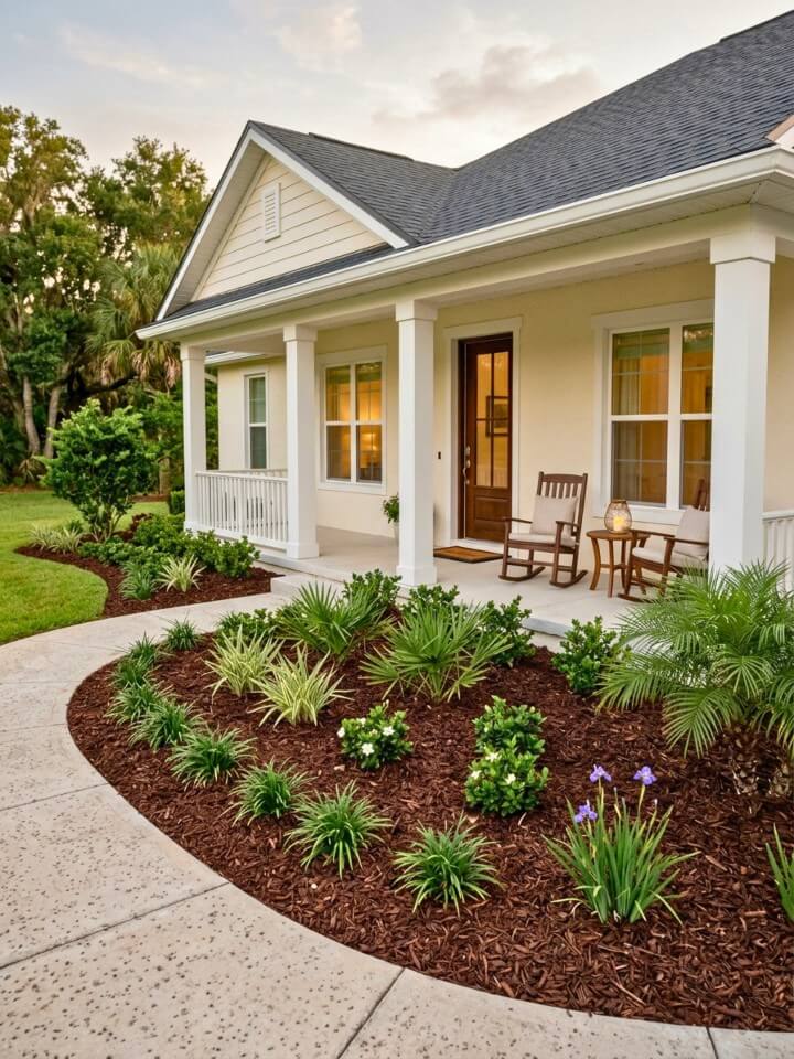 clean yard design with dark mulch beds