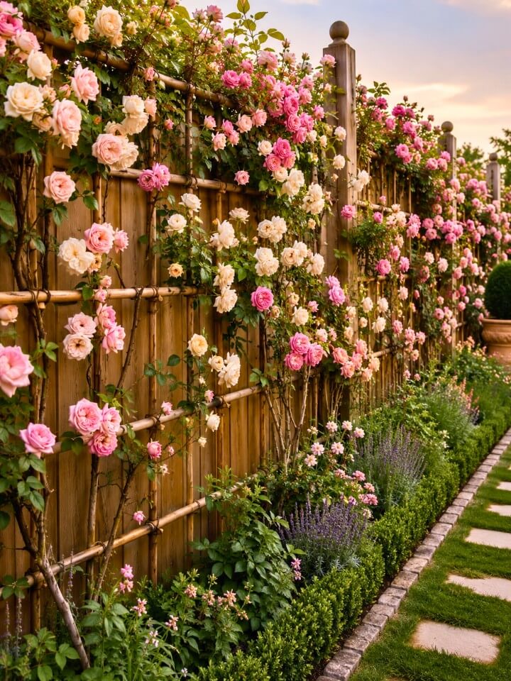 climbing roses along a fence