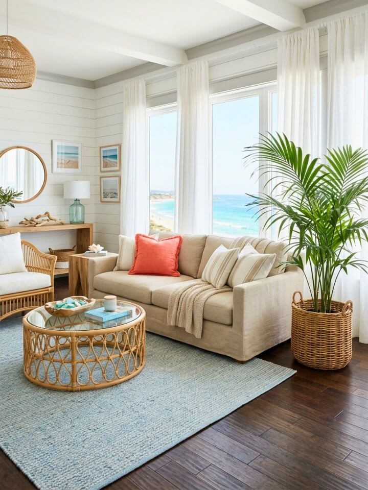 coastal inspired comfort with dark brown floors