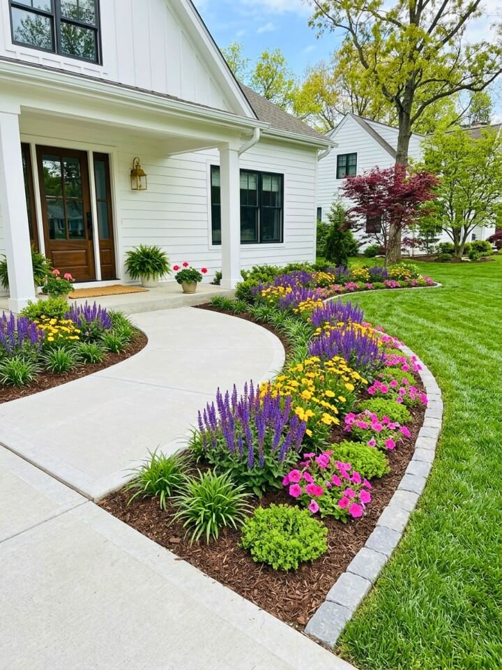 colorful flower border along a front yard walkway
