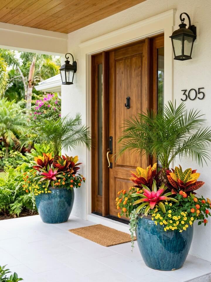 colorful front porch with container gardens