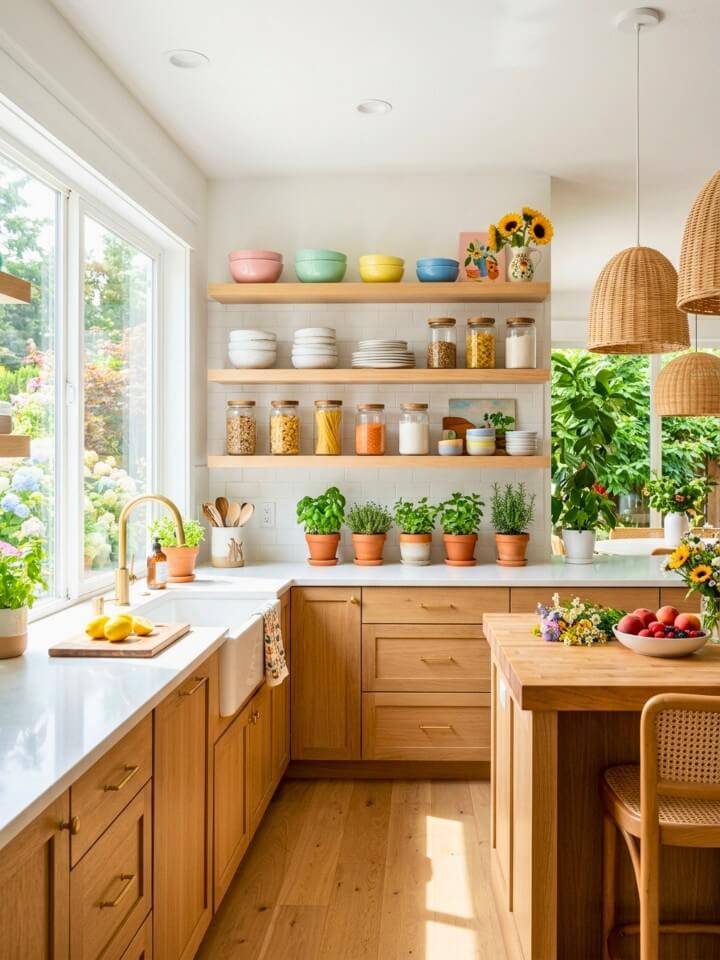 colorful open shelving ideas for a bright summer kitchen