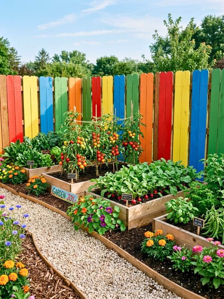 colorful painted fence for kids’ garden