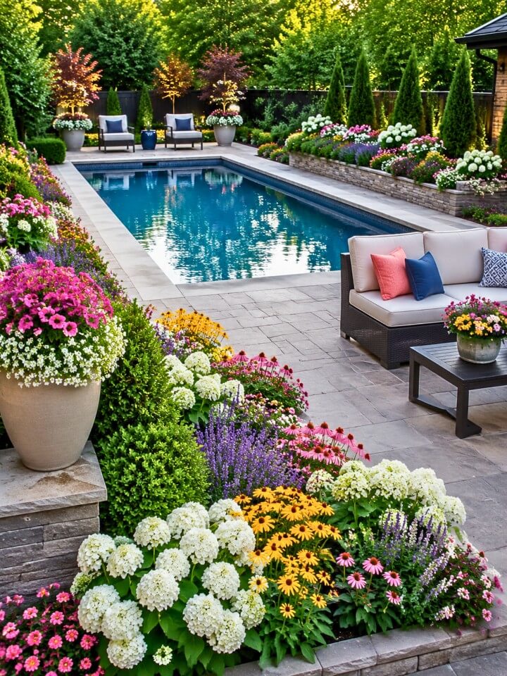 colorful poolside flower beds