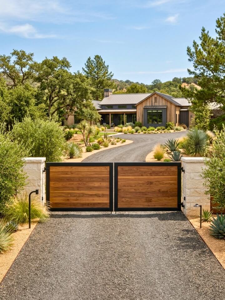 combination metal and wood gate for modern rustic homes