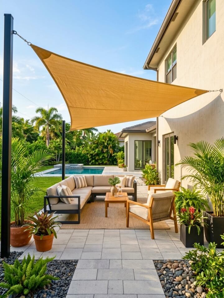 comfortable backyard patio with shade sails
