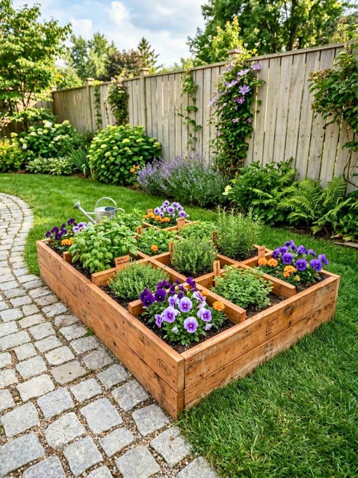companion planting sections in a pallet garden