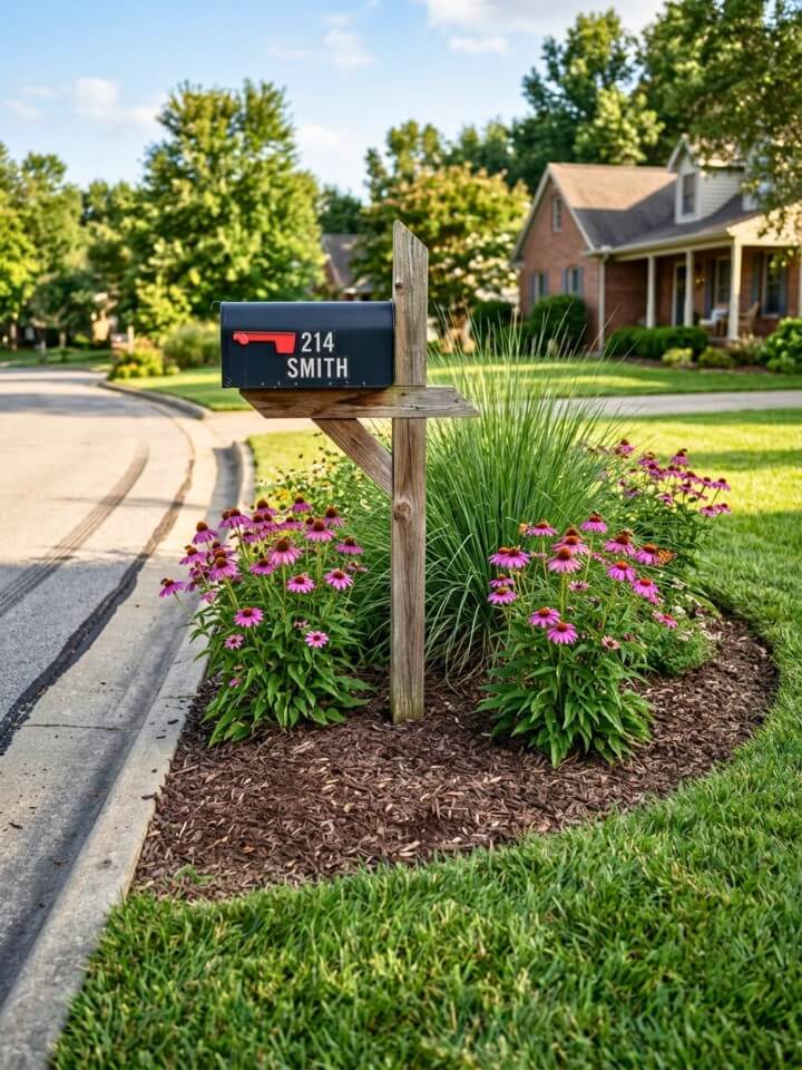 coneflower and grass mailbox bed