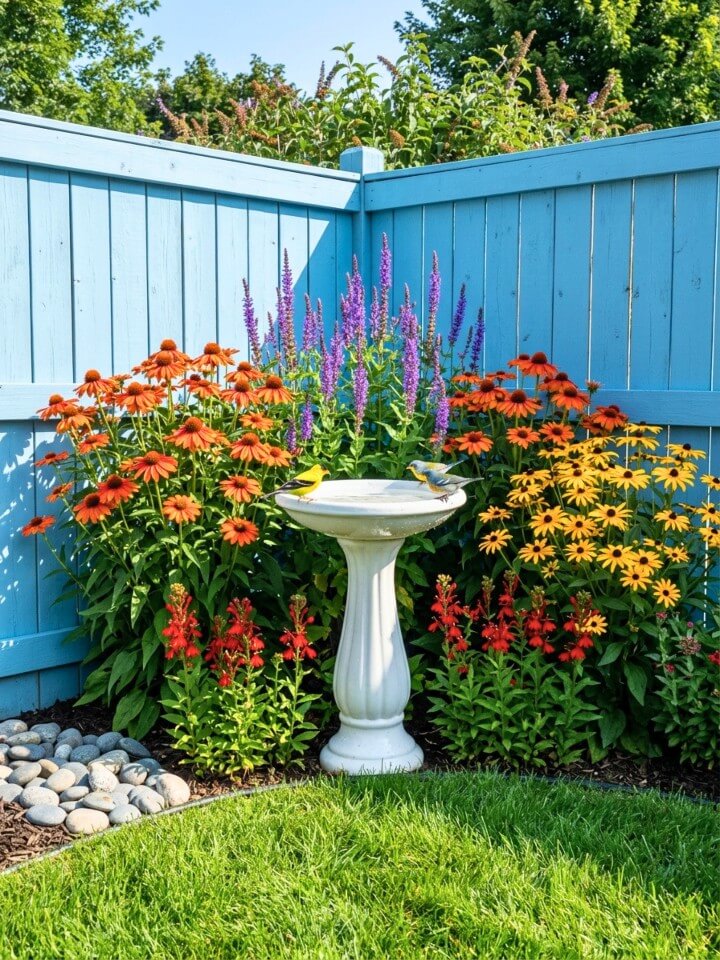 corner birdbath garden with native plants