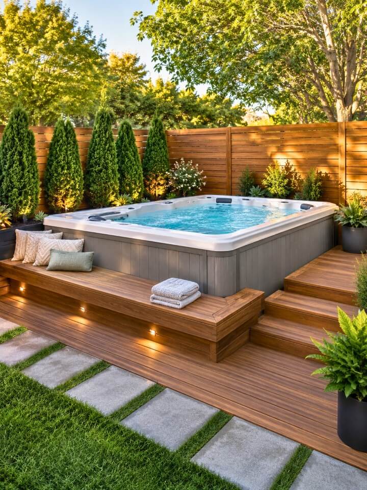 corner deck above ground spa with built in seating