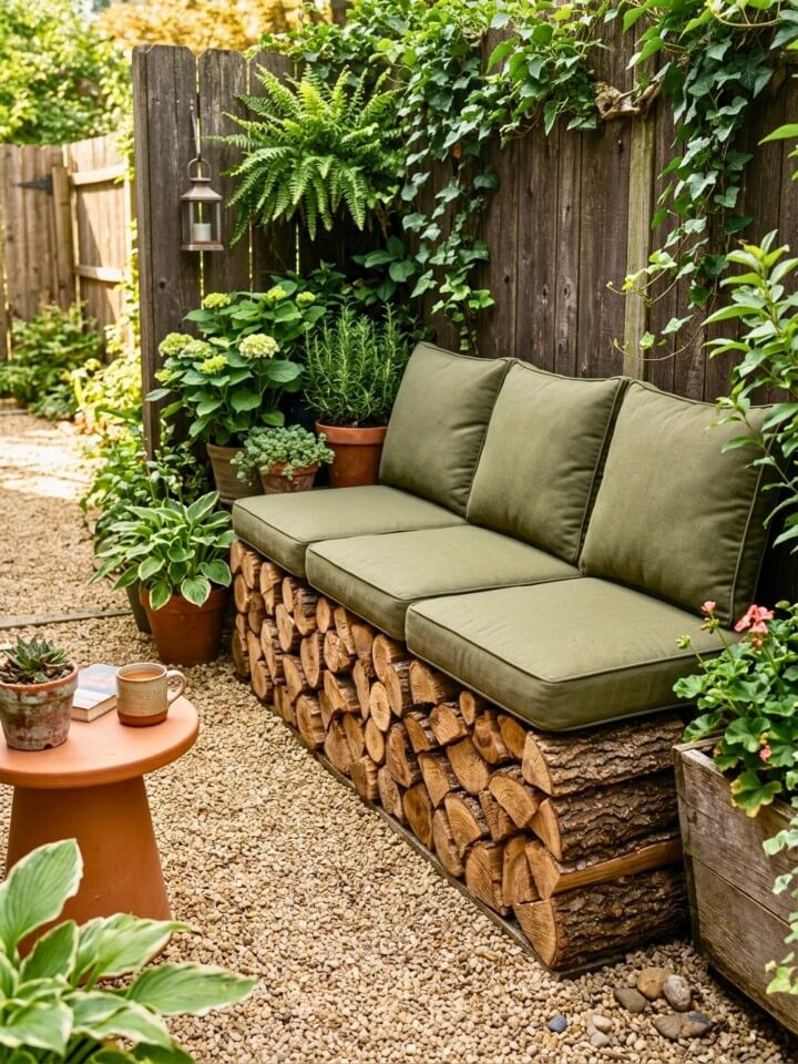 corner firewood stack seating for rustic patios