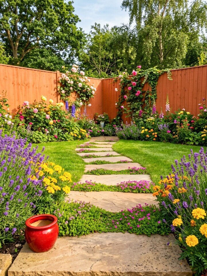corner garden path with stepping stones