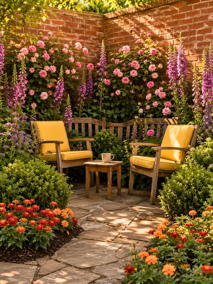 corner landscaping with seating area