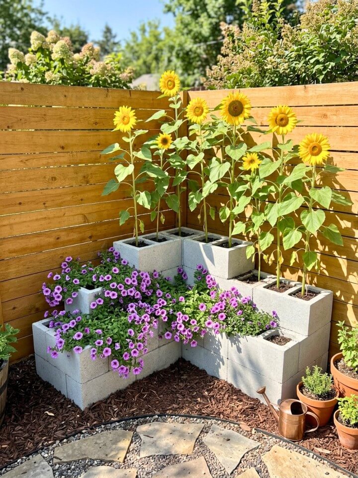 corner step up planter using cinder blocks for height variation