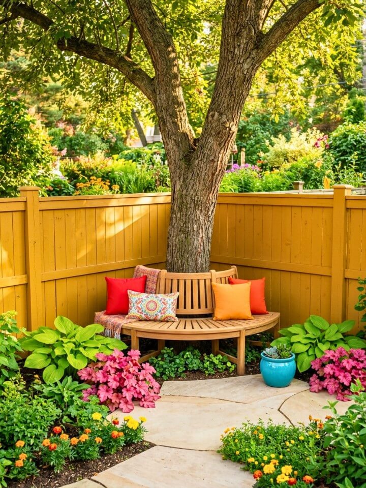 corner tree bench landscaping idea