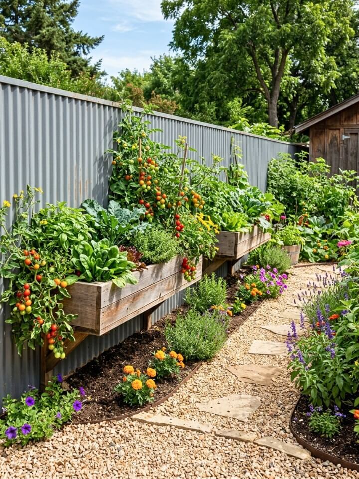 corrugated metal fence with planter boxes