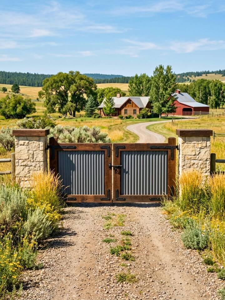 corrugated metal gate for durable ranch entries