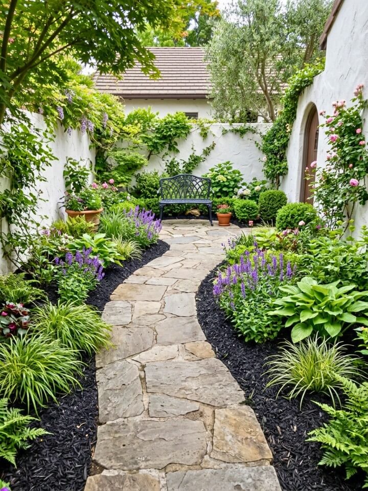 courtyard walkway with black mulch and stone pavers