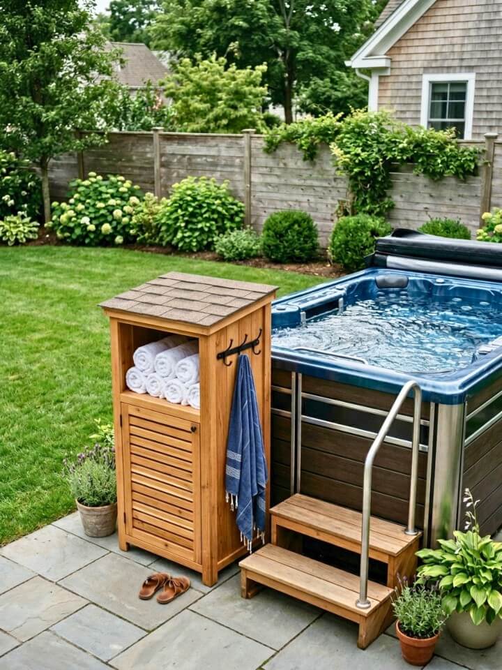 covered towel storage for the spa area
