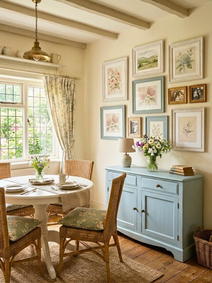 cozy dining room picture wall with soft colors