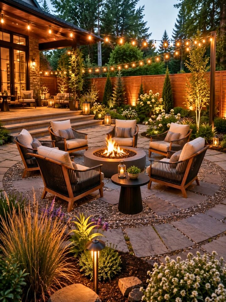 cozy fire pit area with backyard gathering