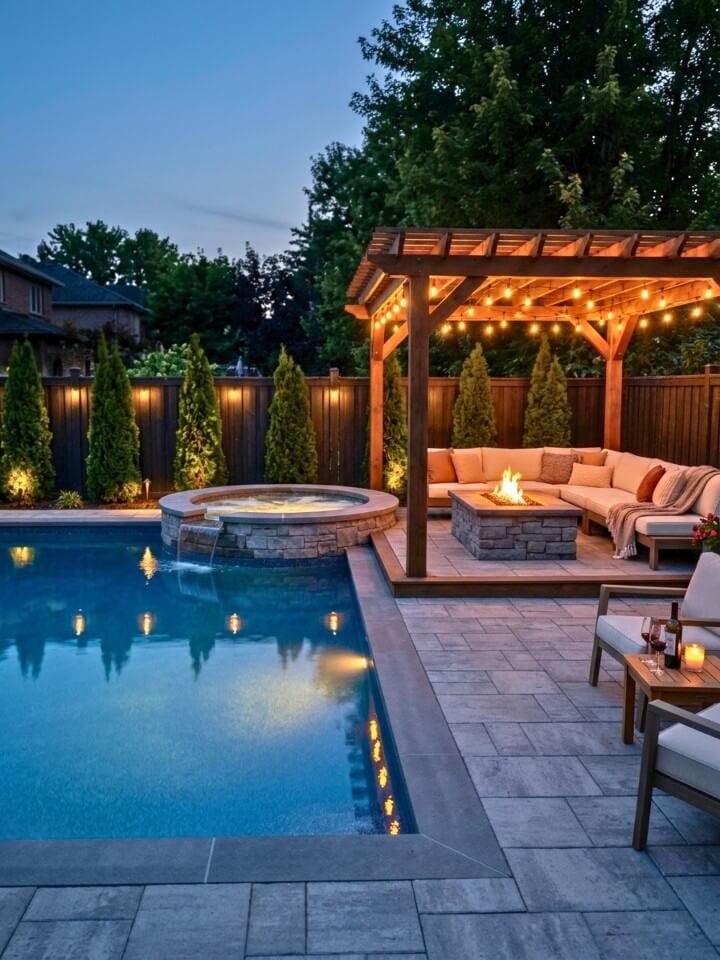 cozy fire pit lounge beside the rectangular pool