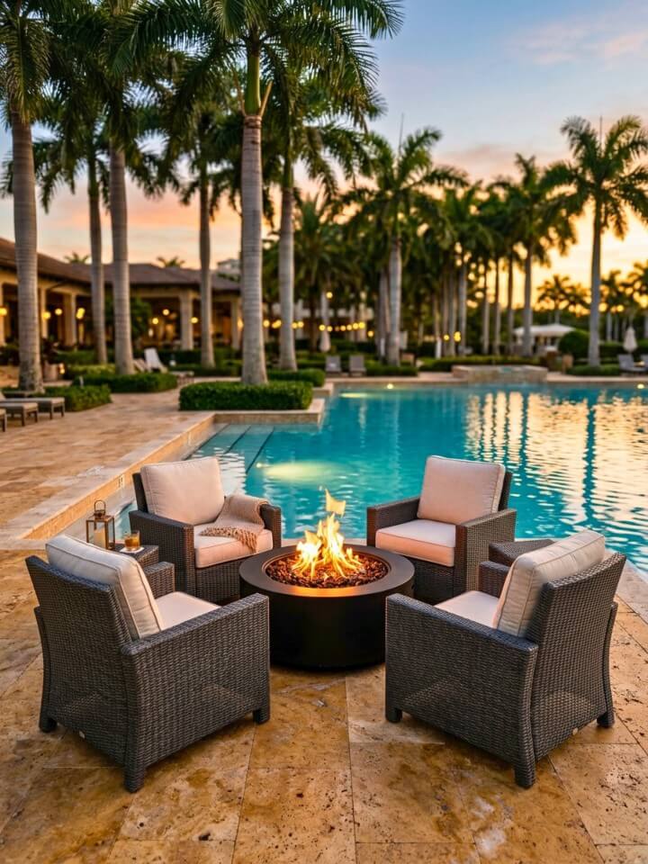 cozy poolside fire pit seating to gather around