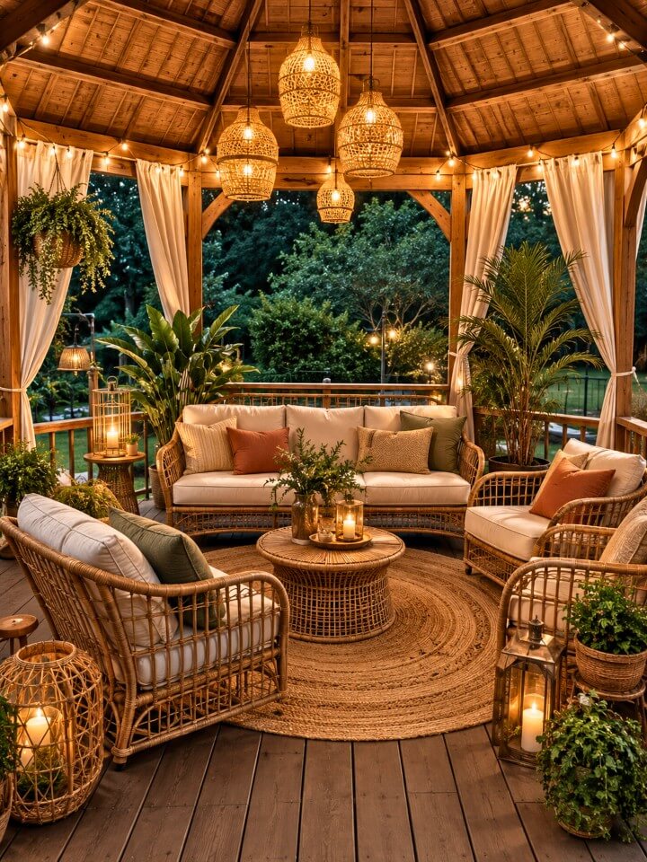 cozy rattan seating for gazebo relaxation