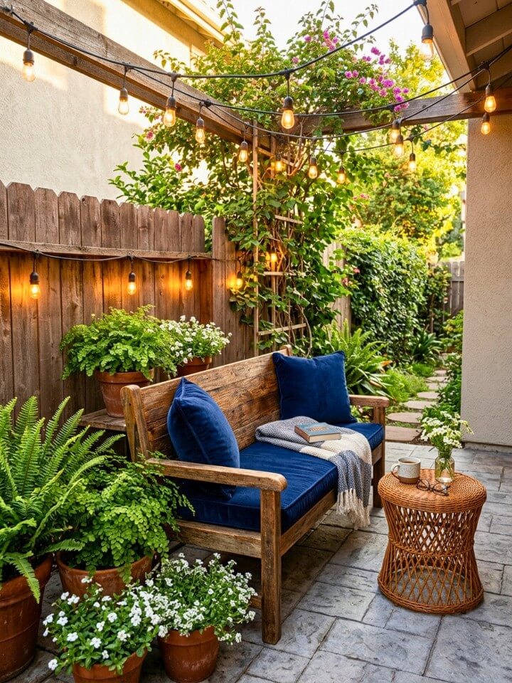 cozy string light corner for a backyard patio on a budget