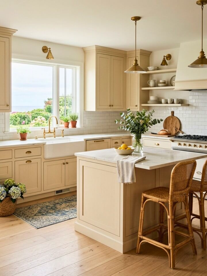 cream cabinets with a softer coastal kitchen look