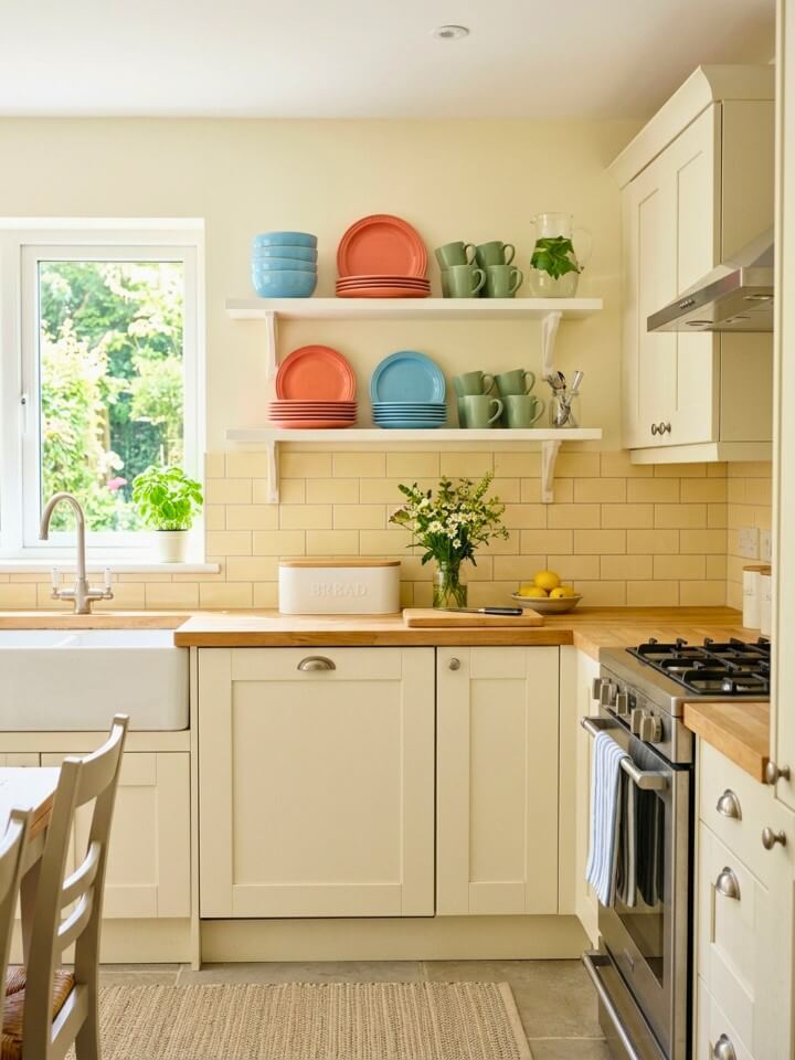 create a bright kitchen with colorful dishware