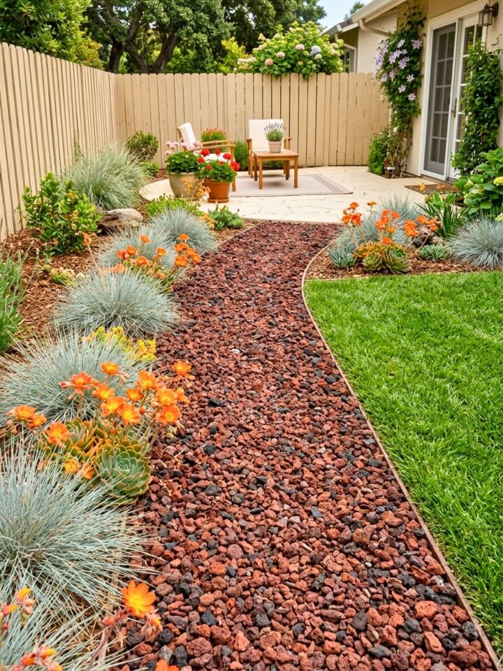 crushed lava rock trail adding bold backyard accents