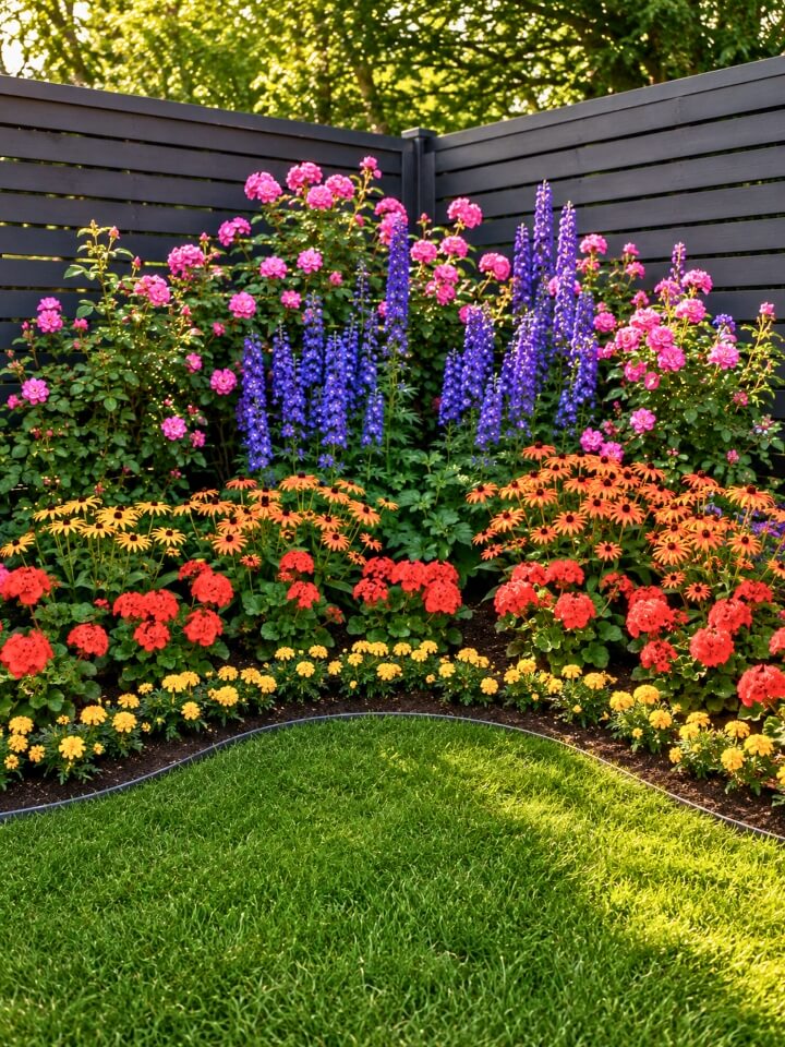 curved flower bed for fence corner