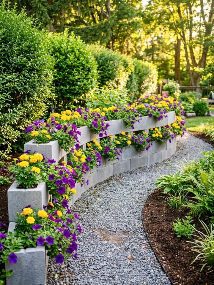 curved flowing planting wall made of cinder blocks