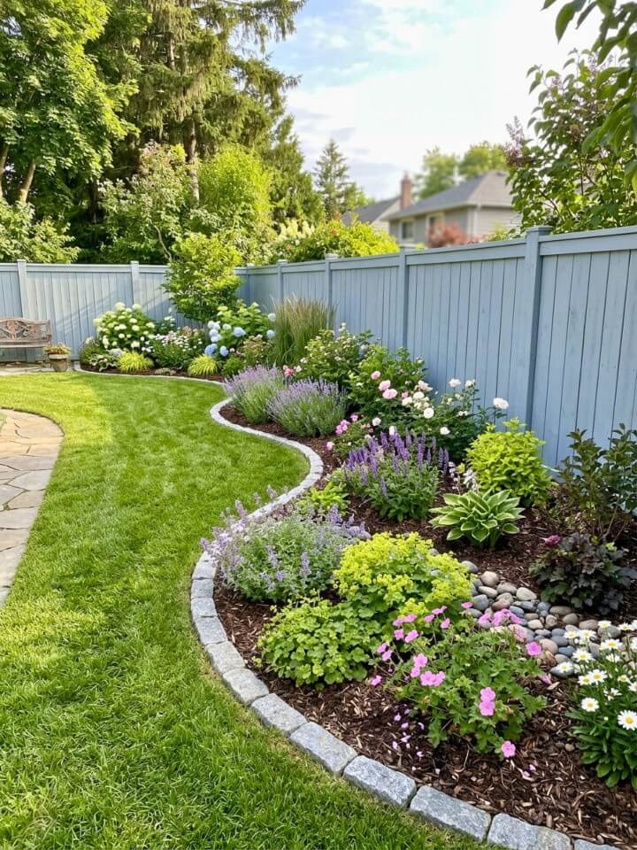 curved garden bed ideas along a fence
