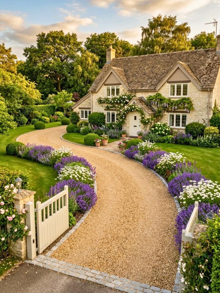 curved gravel driveway with flower borders