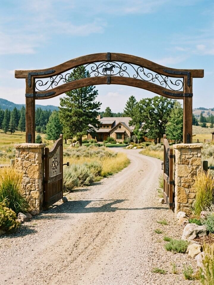 curved top gate with rustic iron details