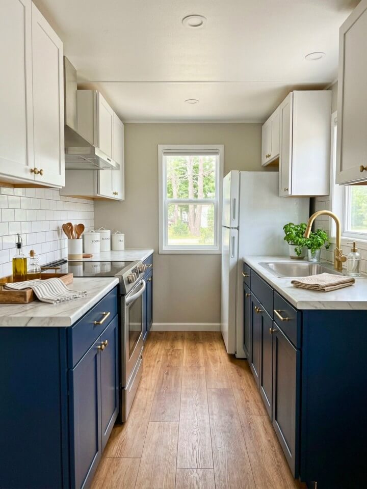 dark lower cabinets that ground a narrow kitchen