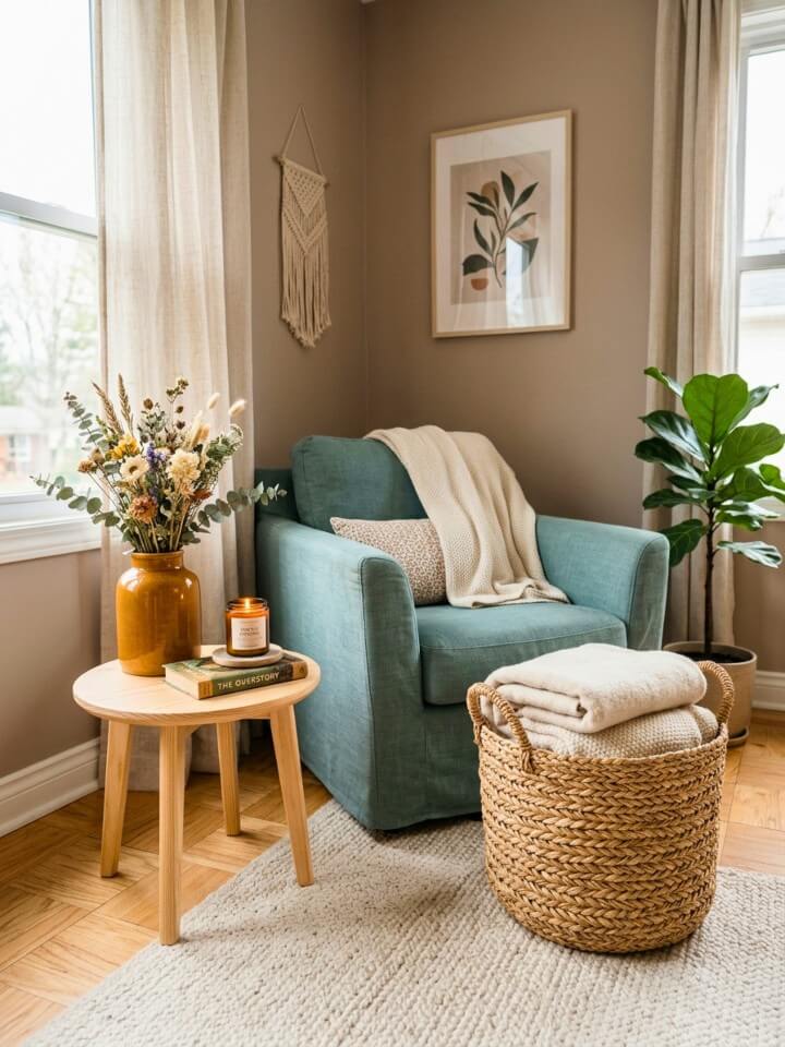 decorate with woven baskets for natural texture