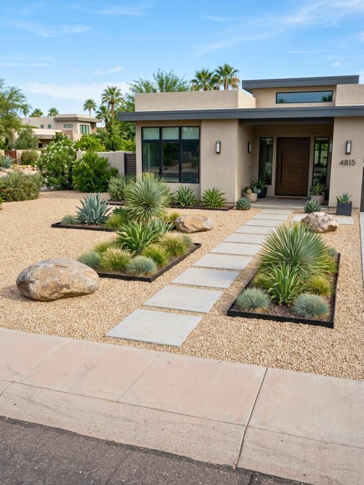 decorative gravel yard with low maintenance landscaping